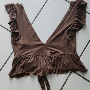 Brown Ruffle V-Neck Tie-Back Crop Top - Women